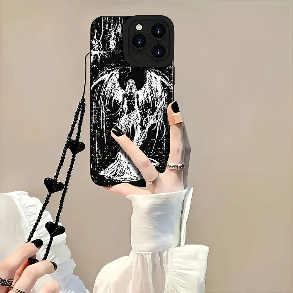 Фото Противоударный чехол Y2K Dark Angel с ремешком для iPhone 17 16 15 14 13 12 11 Pro Max X XS XR 16E 16 15 14 Plus, с защитой объектива из ТПУ №4