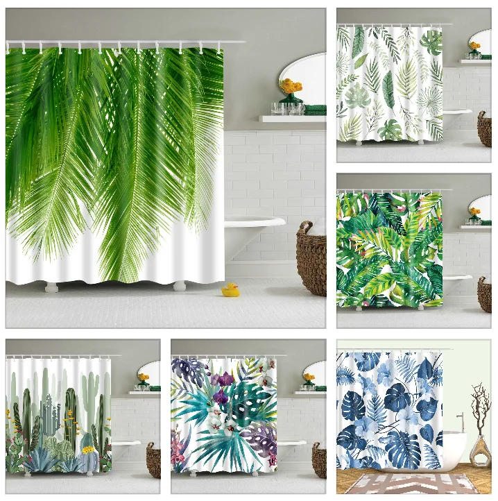 

Tropical Green Plant Leaf Shower Curtains Palm Cactus Bathroom Curtain Waterproof Polyester Bathroom Curtain with Hooks