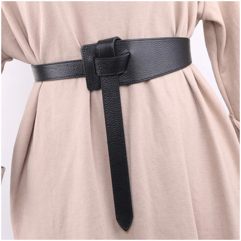 

New Design Women Knotted Waistbands Wide Long PU Leather Fashion Woman Cummerbunds Dress Decorate Brown Leather Bow Buckle Gifts