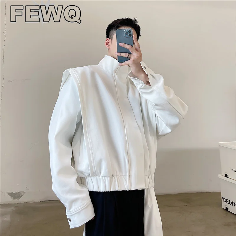 

FEWQ Men's Design Double Shoulder Pad Stand Collar Loose Short Jacket Black White 2023 Autumn New Niche Coat For Male 9Y9330
