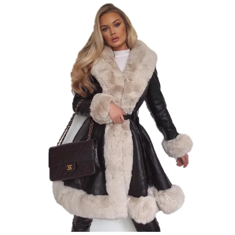 Long sleeve patchwork temperament commuter long coat belt lapel coat jacket women