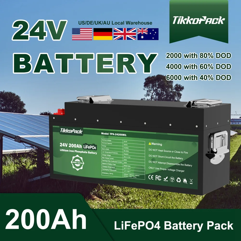 

TIKKOPACK 24V 200Ah LiFePO4 Battery Pack 25.6V 5120Wh Rechargeable Batteries 4000 Cycles Built-in BMS 4S 200A RV Car EU No Tax