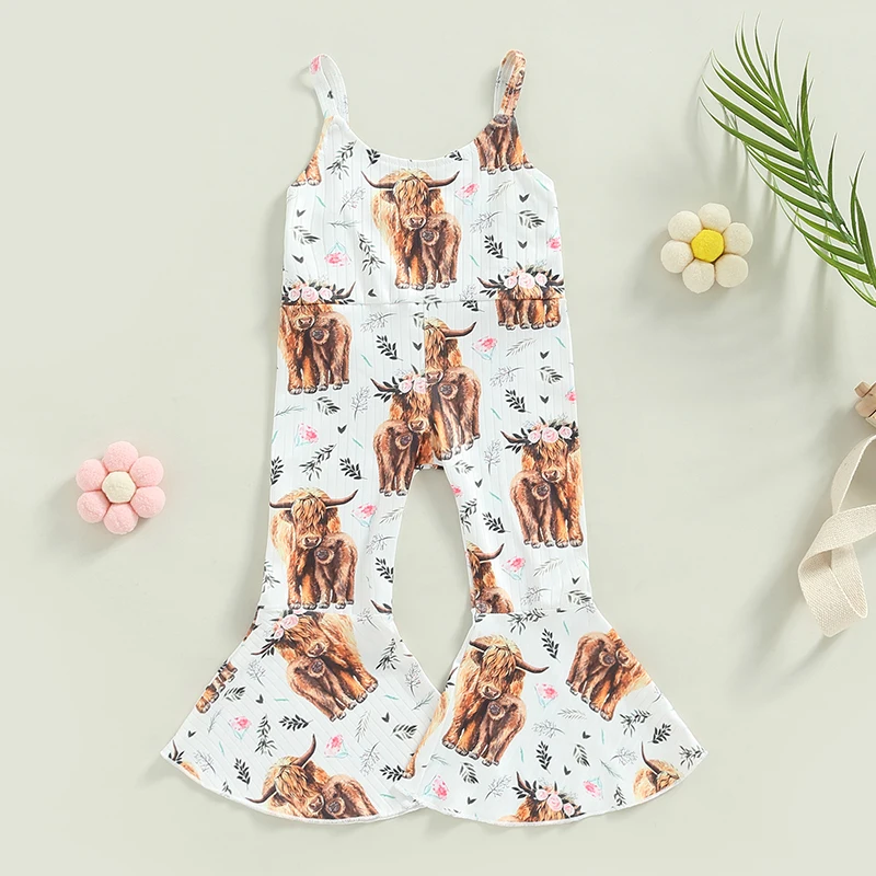 

1-5Years Toddler Girls Cow Head Flower Print Sleeveless U-Neck Flare Pants Jumpsuit Summer Suspender Romper