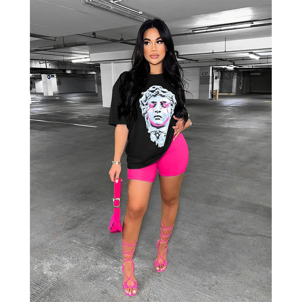 

2022 Summer Fashion Street Print Short Sleeve T-shirt Shorts Casual Sports Style Two Piece Set Women's Shorts Set