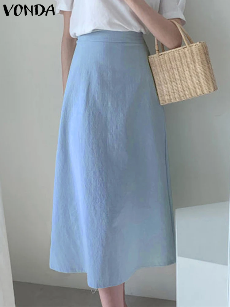 

VONDA Women Solid Casual Party Skirts 2022 Summer Pleated A-line Party Skirt Loose Zipper High Waist Midi Skirts Faldas De Mujer