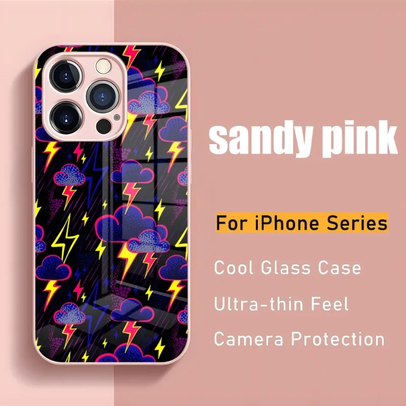 Cute Lightning Phone Case 2023 New For IPhone 14 Pro 13 11 12 XR XS MAX 7 8 X Plus 13 Light Cyan Tempered Glass Covers