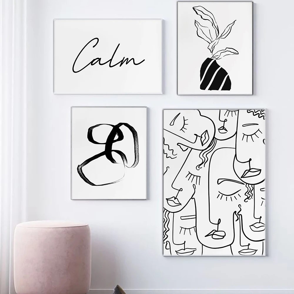

Black and White Abstract Face Art Print Gallery Wall Canvas Painting Minimal Modern Line Poster Pictures Living Room Home Decor