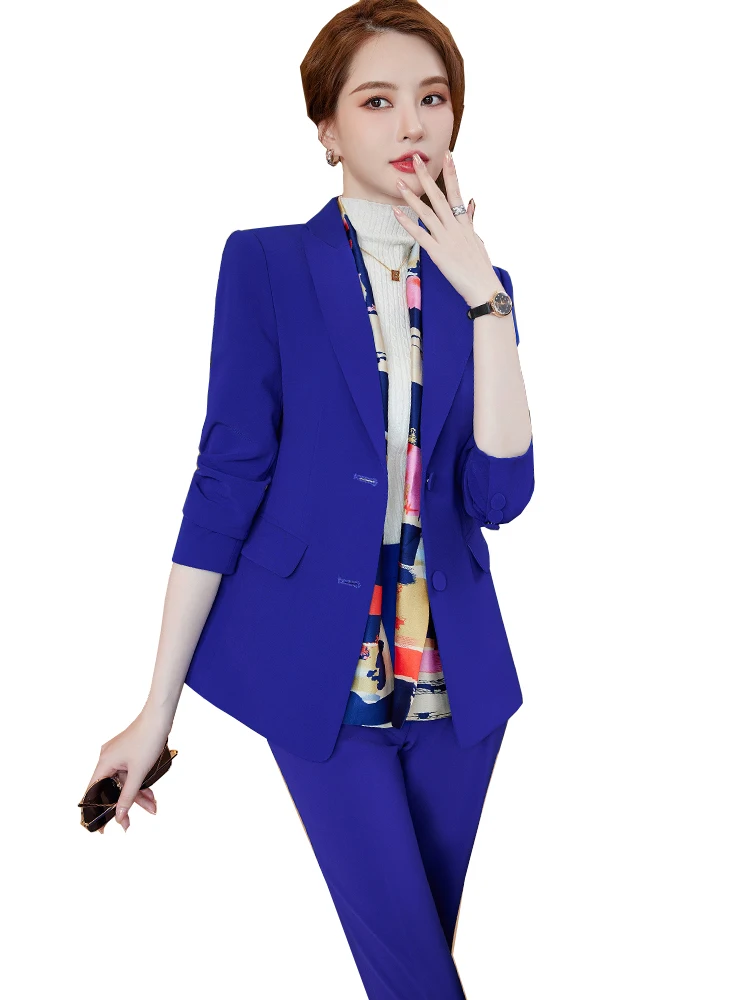 Ladies Pant Suit Formal Women Female 2 Piece Set Red Blue Office Business Work Wear Single Breasted Blazer Jacket And Trouser