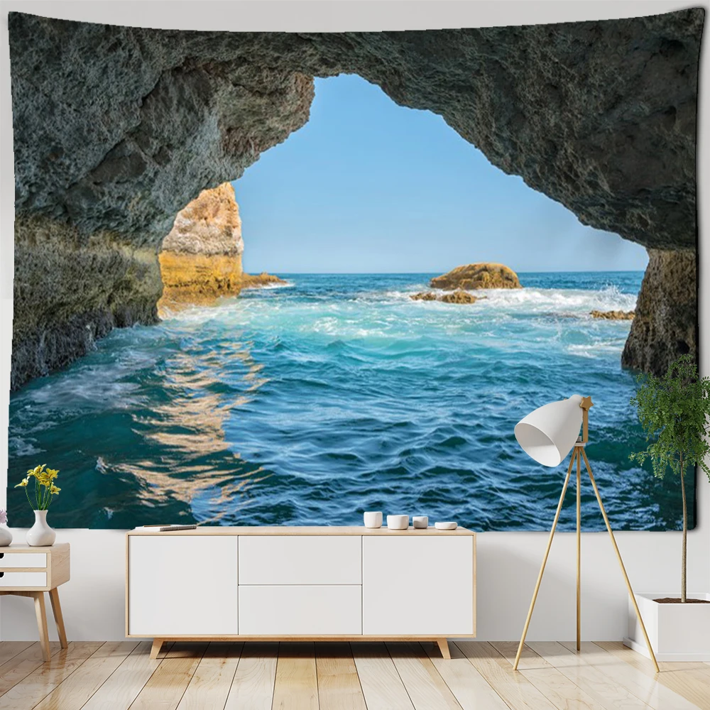 

Coastal Cave Tapestry Wall Hanging Boho Seaside Landscape Psychedelic Aesthetics Room Dorm Art Decor