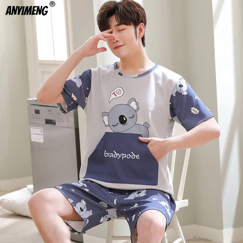 

Youth Mans Summer Pj Fashion Home Clothing Pullover Leisure Cartoon Printing Patchwork Short Sleeved Young Man Pijama Set Cotton