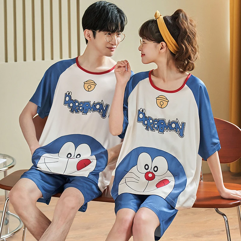 2PCS Summer Pajama Sets For Women Men Adult Couple Sleepwear Silk Cloth Cool Pyjama Pour Femme Anime Doraemon Homewear Pijama