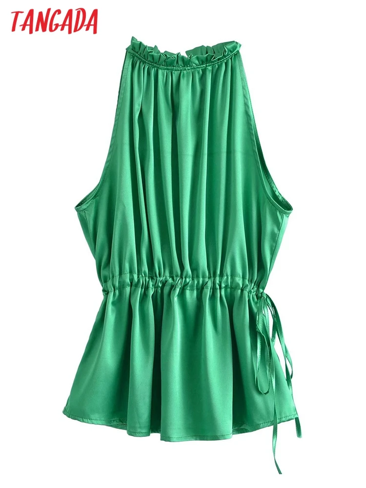 

Tangada Женская Ретро зеленая плиссированная Туника Укороченная рубашка без рукавов 2022 шикарная женская рубашка Топы QN82