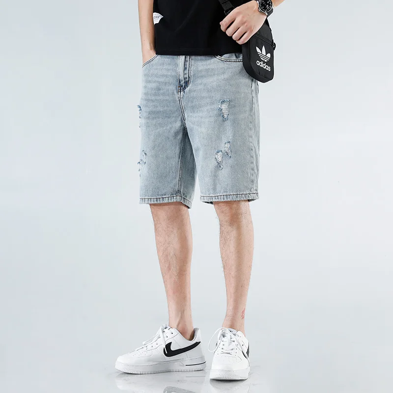 

Летние мужские свободные прямые джинсы Брендовые мужские короткие брюки, брюки средней длины и рваные брюки.