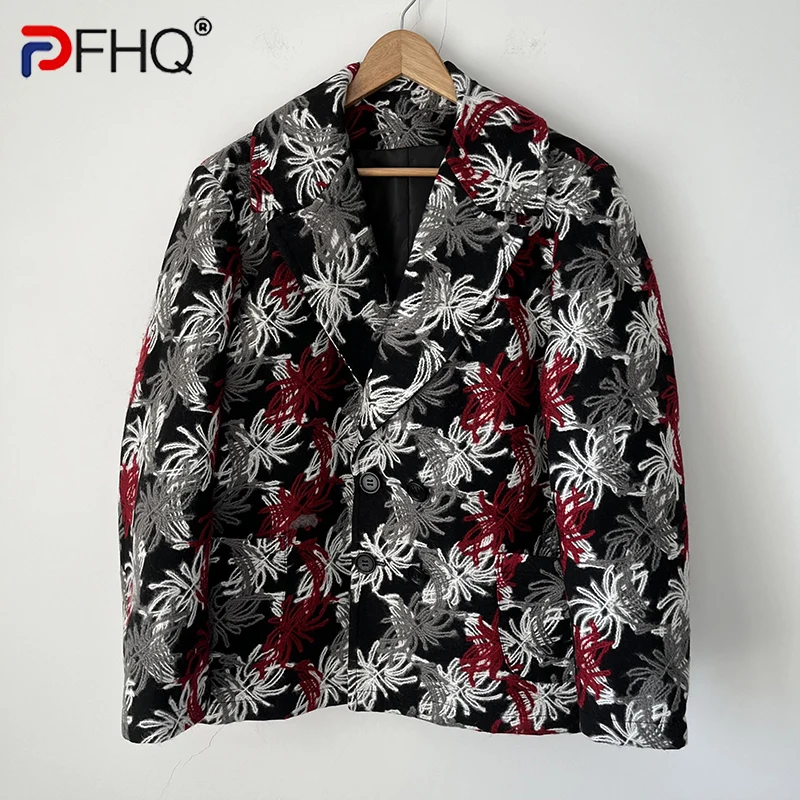 

PFHQ Autumn Men's Heavy Industry Embroidery Flower Blazers Fashion Streetwear Personalized Woolen Print Creativity Suit 21Z1614