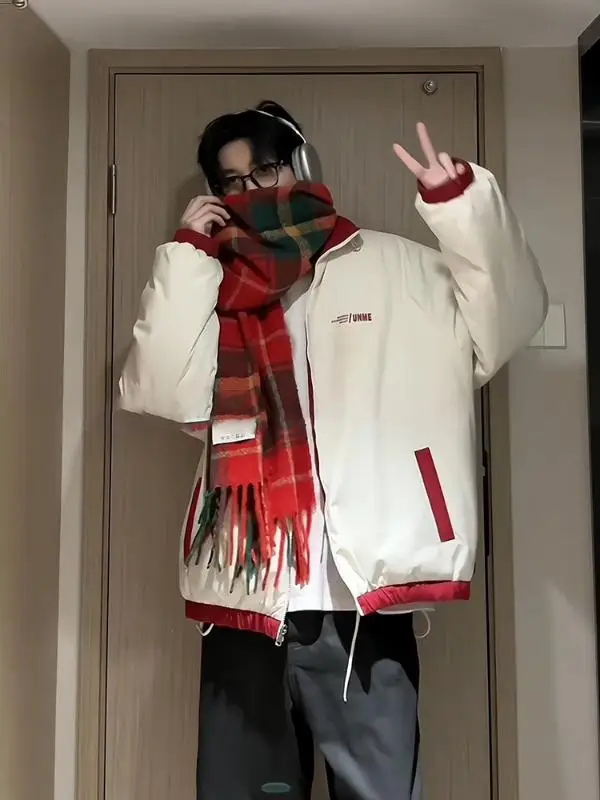 Ankela Red Down jacket Men's Winter Thickened Design Double-Sided Wear Jacket Cotton-padded jacket American High Street down ...