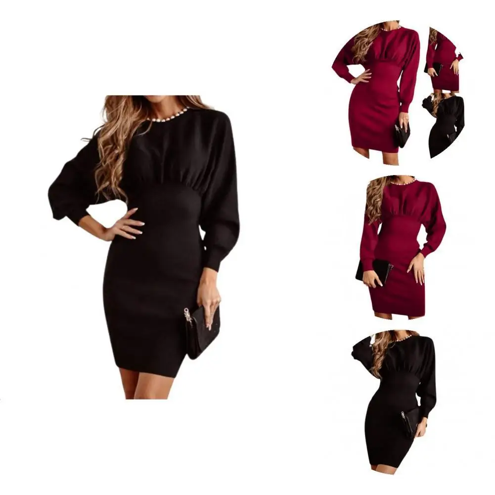 

Intellectual Fashion Lantern Long Sleeve Lady Party Dress High Waist Bodycon Dress O-Neck Female Clothing