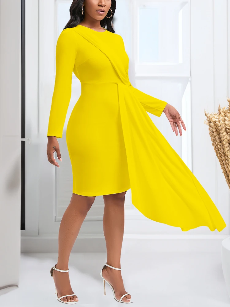 

Elegant Bodycon Dress for Woman O Neck Long Sleeve Train Patchwork Mid-calf White Yellow Red Blue Daily Office Lady 2023 Summer