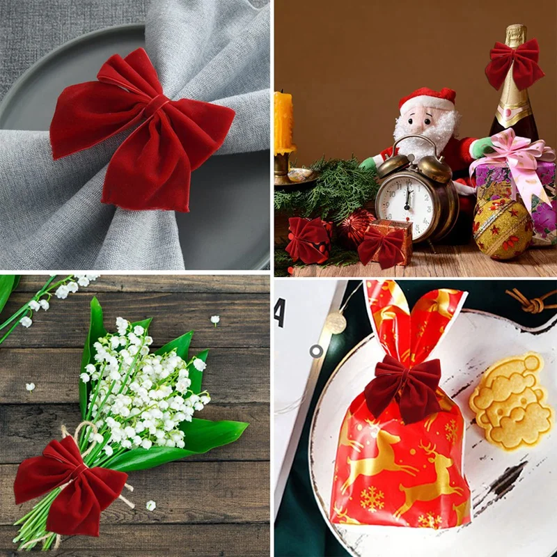 8 колец-держателей для салфеток с красным бантом вельветовый Рождественский