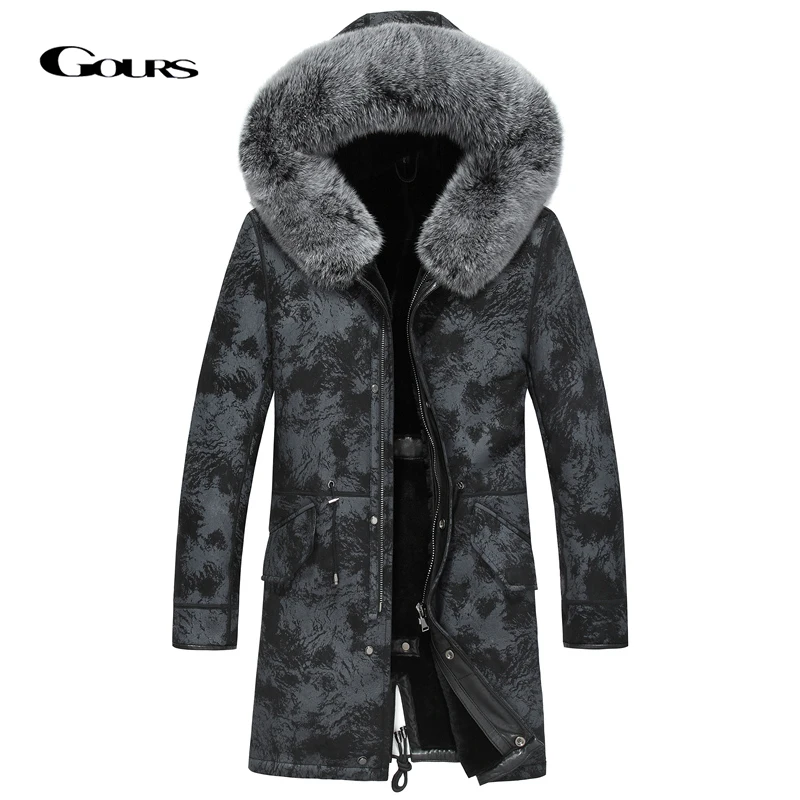

GOURS Winter Genuine Leather Jacket Men Real Shearling Sheepskin Long Coat with Natural Fox Fur Collar Wool Lining Warm GSJF1895