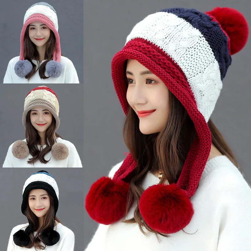 

Полосатые вязаные шапки с милыми помпонами для женщин, Зимняя шерстяная шапка, облегающая шапка с защитой ушей, вязаная шапка, шапка с помпо...