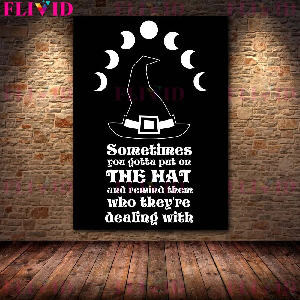 Ведьма шляпа и Луна символов черно-белая настенная Картина на холсте серая