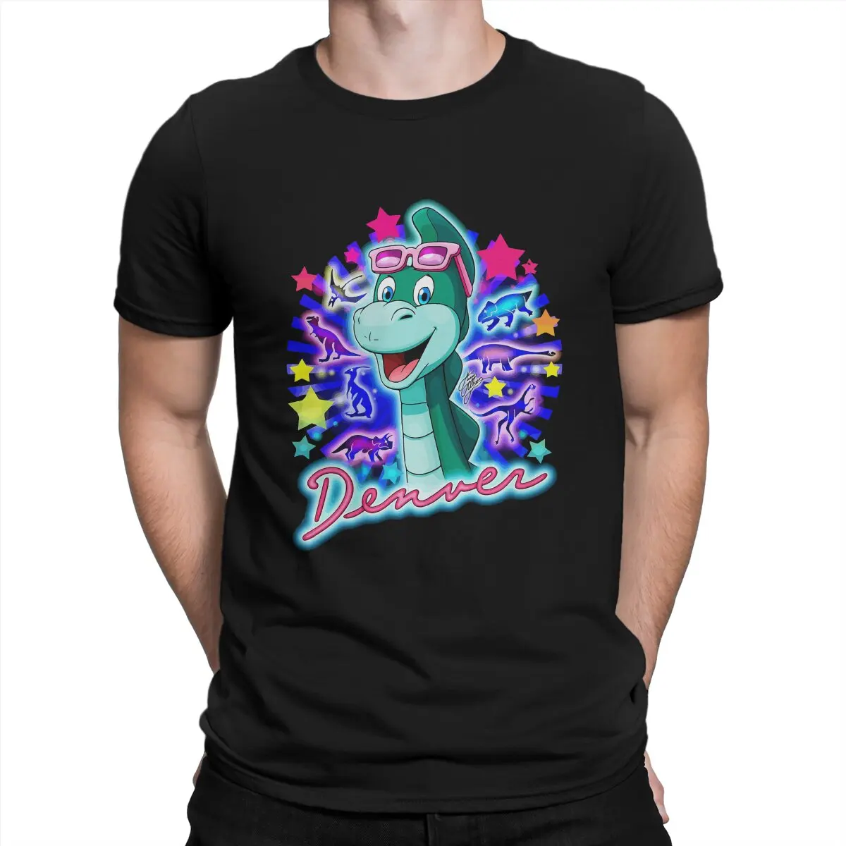 

Men T-Shirts Neon Amazing Cotton Tee Shirt Short Sleeve Denver the Last Dinosaur Jeremy Cartoons T Shirt Crewneck Clothes Gift