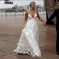 fivsole exquisite lace applique beach wedding dresses v neck sweep train elegant bride gowns backless bow 2022 robe de mariage