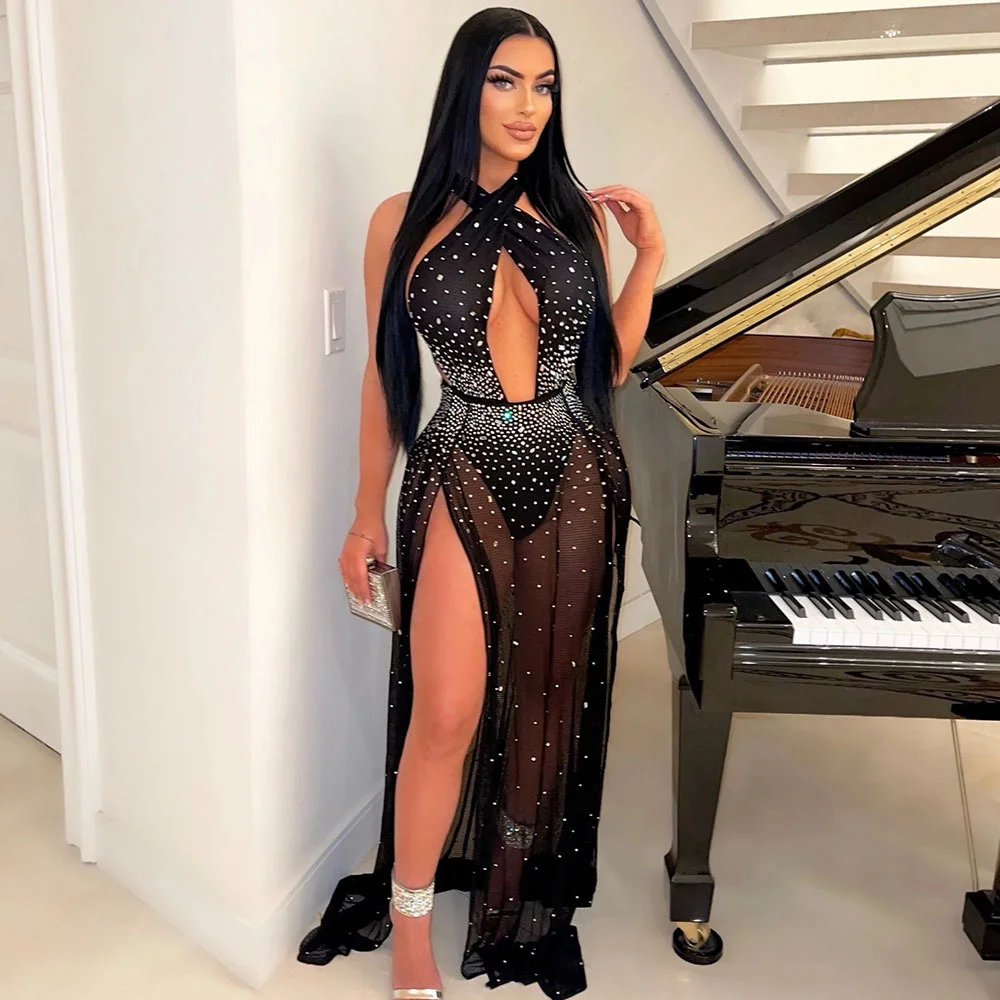 

Cutubly Star Rhinestone Black Dresses With Slit Elegant Halter Mesh Sheer Sexy Backless Sleeveless Dot Dresses Evening Party