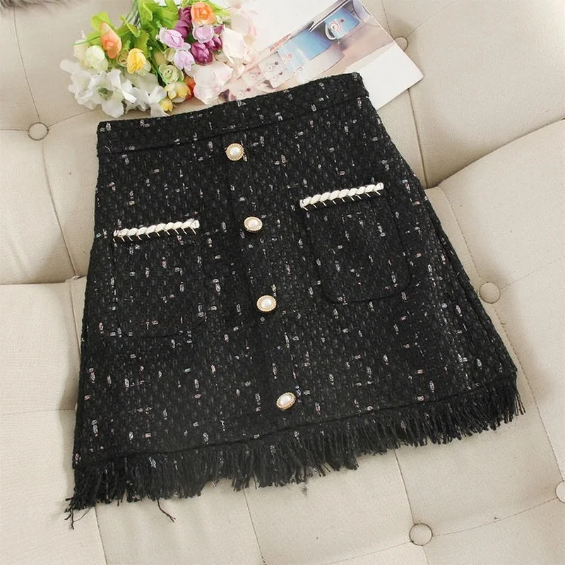 

Женская твидовая шерстяная юбка, черная короткая мини-юбка с высокой талией на осень и зиму, юбка фигуристки в стиле Харадзюку, X180