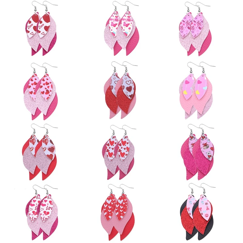 

12 Pairs Valentine's Day Peach Heart Red Lip Earrings Multi-Layered Artificial Leather S-Shaped Temperament Earrings