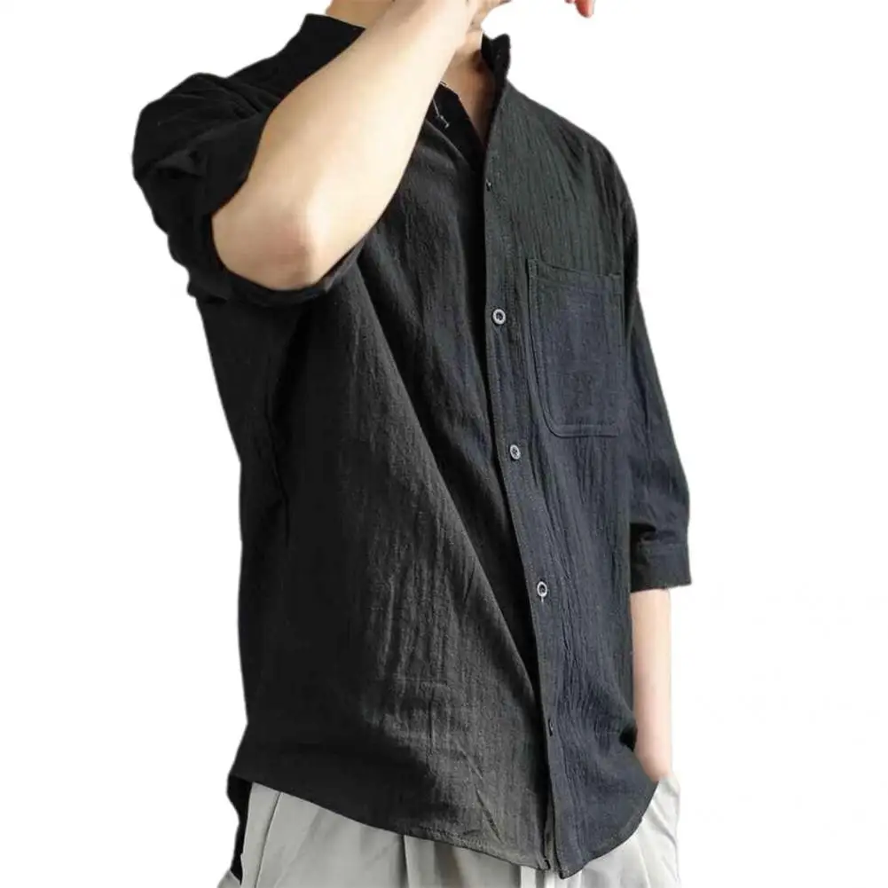 Soft Stylish Buttons Closure Solid Color Men Shirt Loose Male Shirt Buttons Closure Top