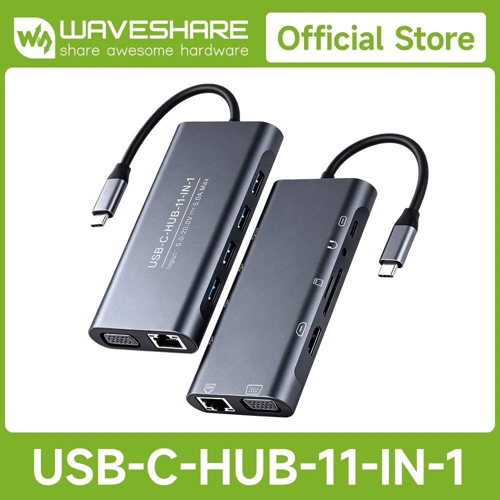 Фото Многофункциональный USB-C хаб Waveshare 11-в-1, порт Ethernet RJ45 100 Мбит/с, корпус из алюминиевого сплава, Plug and Play, 4K@30 Гц №2