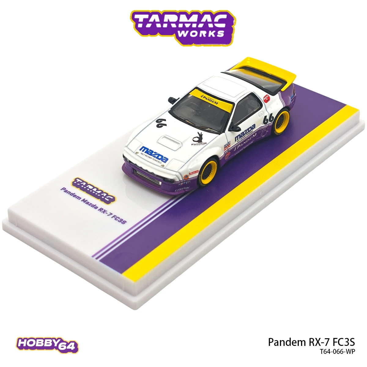 Фото В наличии: Коллекционная модель автомобиля Tarmac Works Hobby64 T64-066-WP 1:64 Pandem RX-7 FC3S, бело-фиолетово-желтая ливеринг-комбинация, ширококузовная, литая под давлением. №2