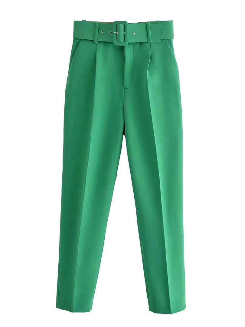 

PTYSIC Women Fashion Green Trousers With Elegant Belt Solid Color Elegant Girls Long Straight Office Lady Chic Pants Streetwear