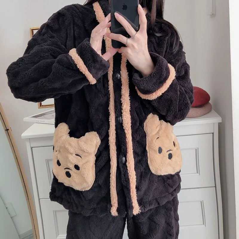 

Warm Women's flannel Pajamas Outfit Warm Autumn Winter Home Wear V Neck Cardigan Trousers Two Piece Pajamas Sleepwear Jumpsuit