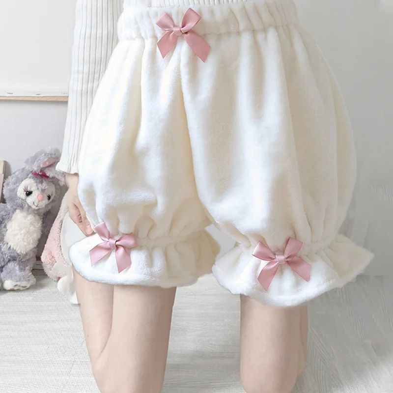 

JK Shorts Sweet High Waist Lace Plush Shorts Women Summer Pink White Winter Cute Lolita Girls Warm Velvet Kawaii Bloomers Shorts