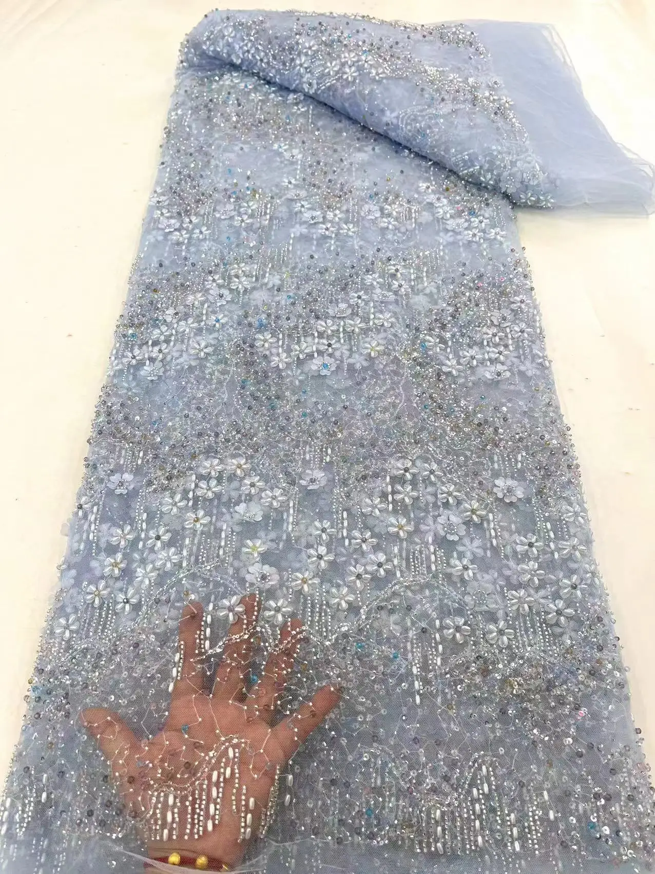 

2023 Sky Blue Nigerian Sequin Beaded Lace Fabric French Embroidered Tulle Fabric African Lace Fabric for Wedding Party Dresses