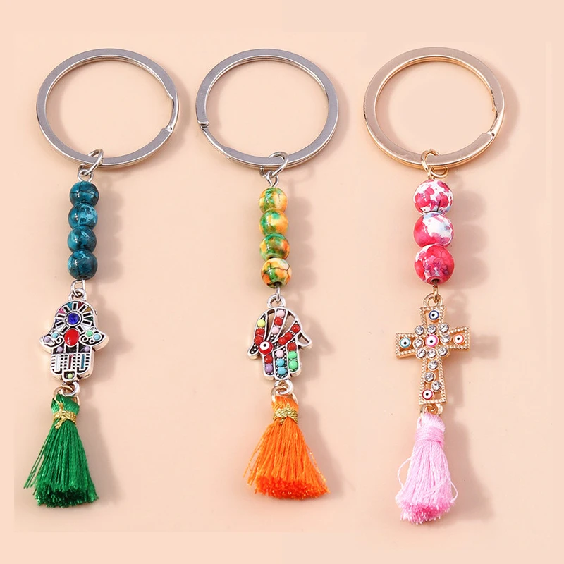 

1pc New Glass Bead Lucky Eyes Keychain Tassel Pendant Keyrings Evil Eye Hamsa Hand Keychain Car Key Rings Jewelry Bag Pendants