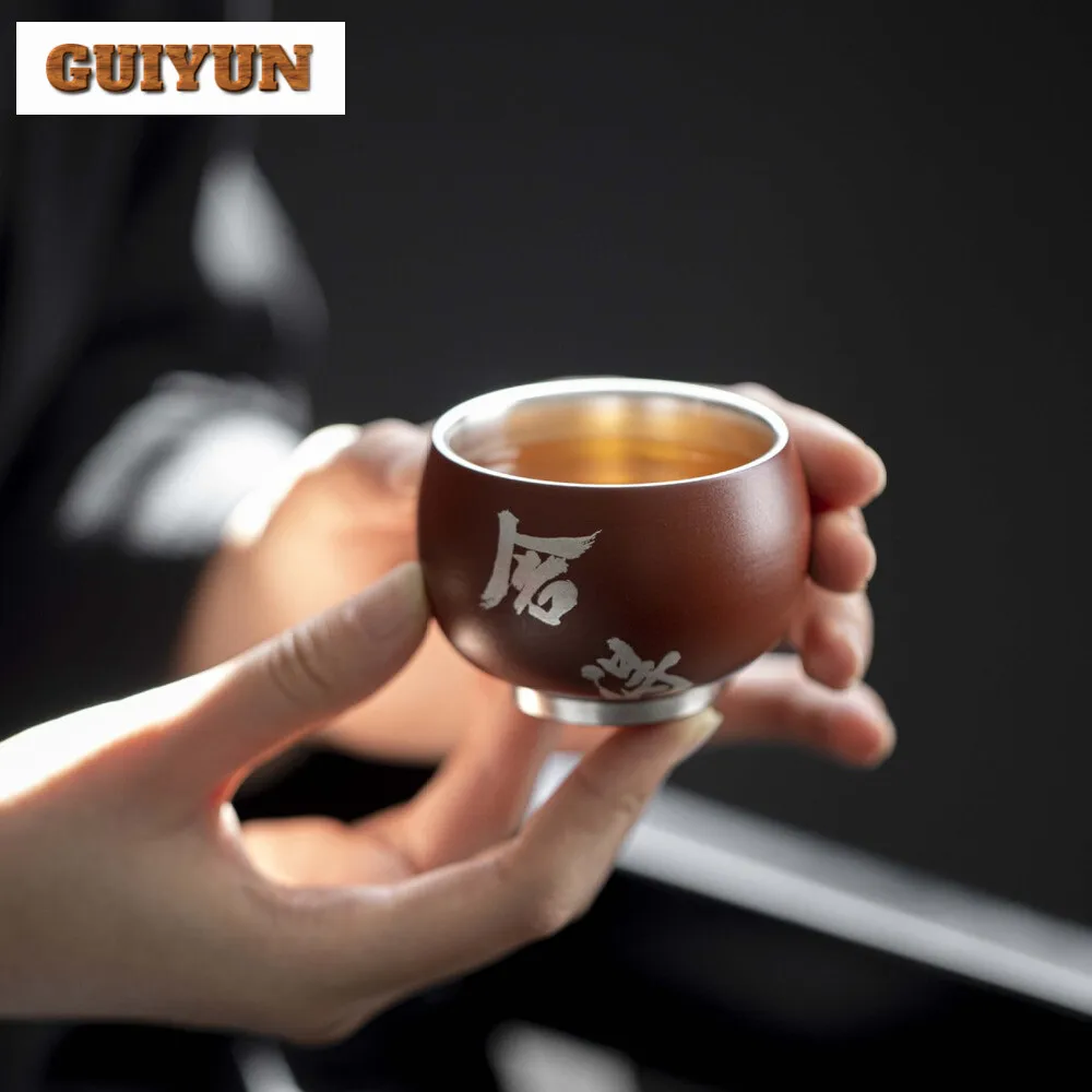 60 мл Handamde 999 чистого серебра позолоченная керамическая чашка фиолетовая глина