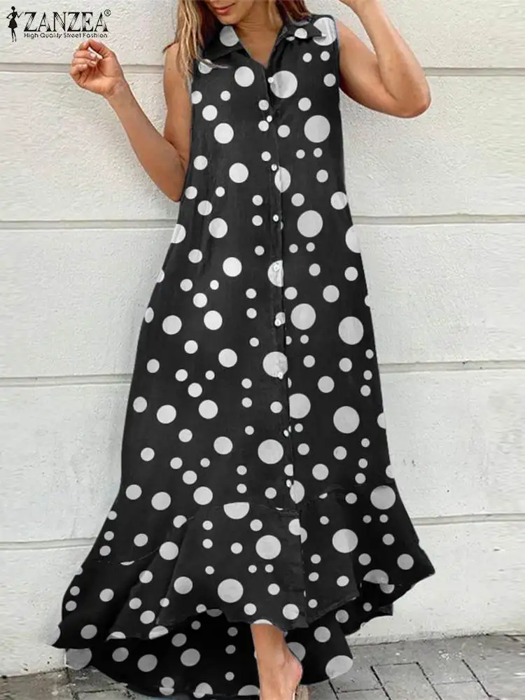 

Women Polka Dot Long Shirt Dress ZANZEA Vintage Sleeveless Ruffled Tank Sundress Casual Loose Maxi Dress 2023 Summer Button Robe