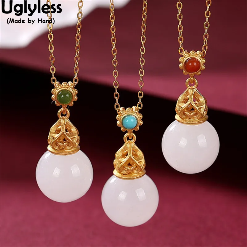 

Uglyless Like a Bulb Natural Hetian Jade Balls Necklaces for Women Agate Turquoise Sunflower Pendants + Chains 925 Silver Bijoux