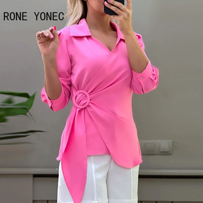 

Women Casual Turn Down Neck Three Quarter Sleeves O-ring Decor Working Blouse Top