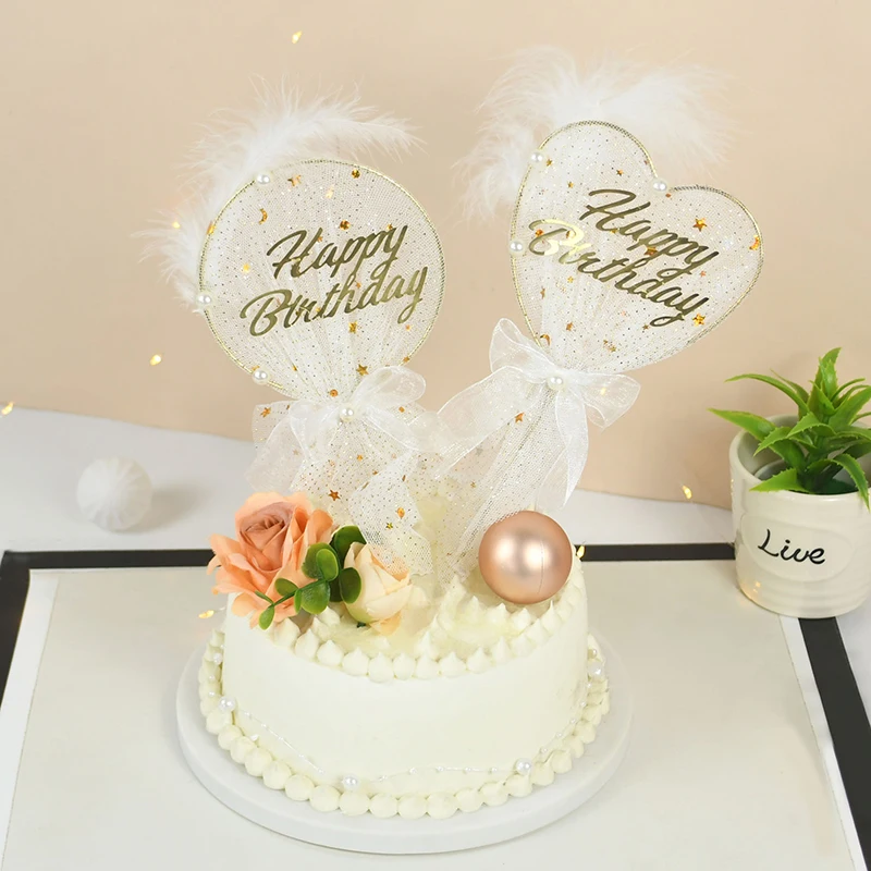 

Happy Birthday Feather Cake Topper Voile Circle Pearl Cupcake Insert Card Flag Wedding Birthday Party Home Baking DIY Decoration