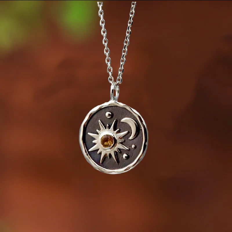 

Vintage Silver Sun Moon Exquisite Women's Zircon Necklace Boho Drop Earrings Necklace Set with Delicate Box