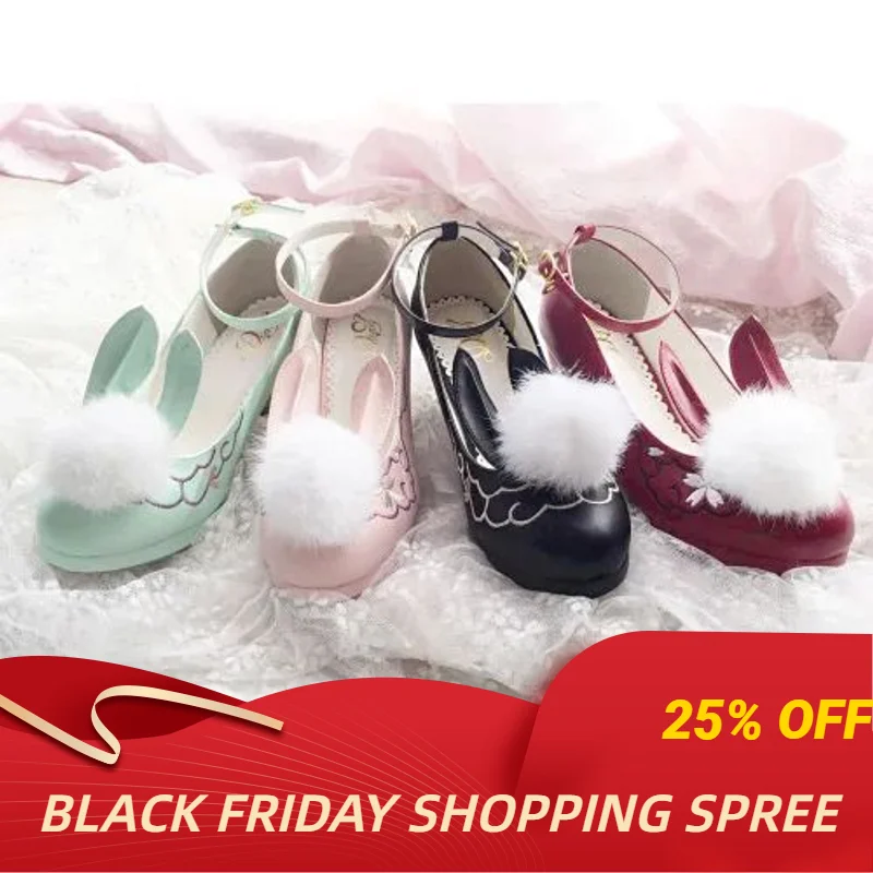 

Japanese tea party sweet lolita shoes vintage round head thick heel women shoes cute lace bowknot kawaii rabbit loli cosplay