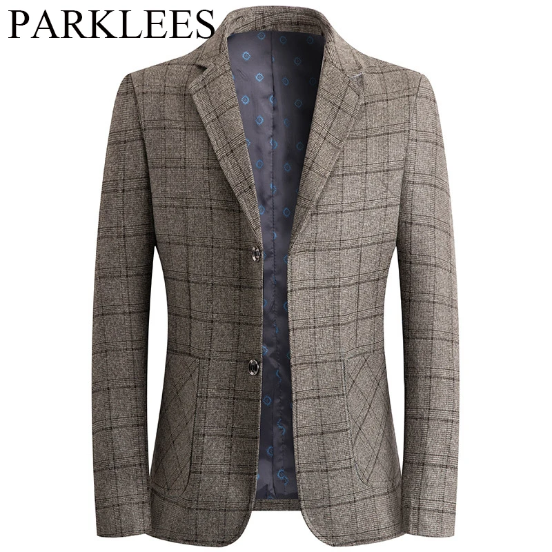 

Parklees Vintage Plaid Khaki Blazer for Men 2022 Brand New Slim Fit Casual Suit Jacket Coats Business Office Social Wear Blazer