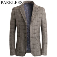 parklees vintage plaid khaki blazer for men 2022 brand new slim fit casual suit jacket coats business office social wear blazer