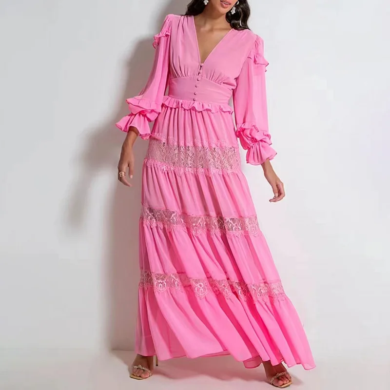 

Women's Chiffon Dress 2022 Summer New Fashion Lace Stitching Ruffle V-Neck Ruffle Long Sleeve Dress Pink Free Shipping