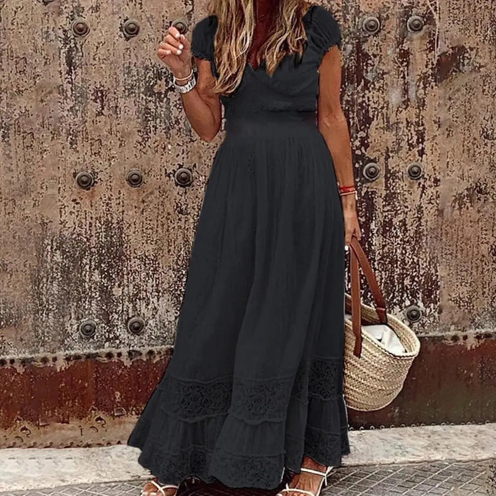 

Women Summer Hollow Out Lace Dress Vintage V Neck Ladies Long Party Dress Female Solid Loose Boho Maxi Dresses Vestidos Hot Sale