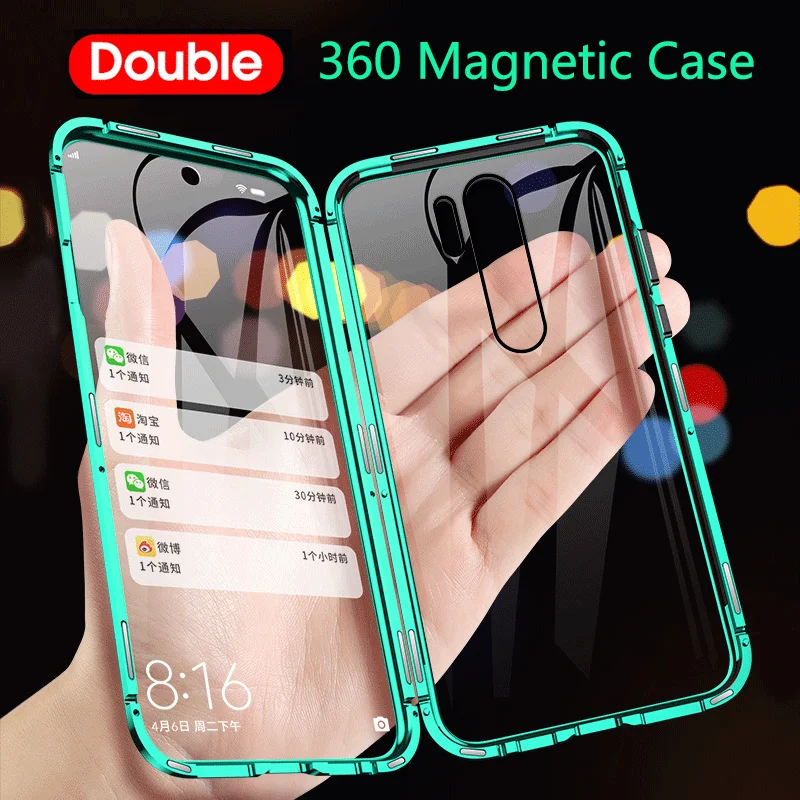 

Магнитный металлический чехол 360 дюйма для Redmi Note 11, 10, телефон 9, 8, 7, 9A, 9C для Xiaomi 12, 11, 10, 9 T, Poco, X3 Pro, F3, M3, двухсторонний стеклянный чехол
